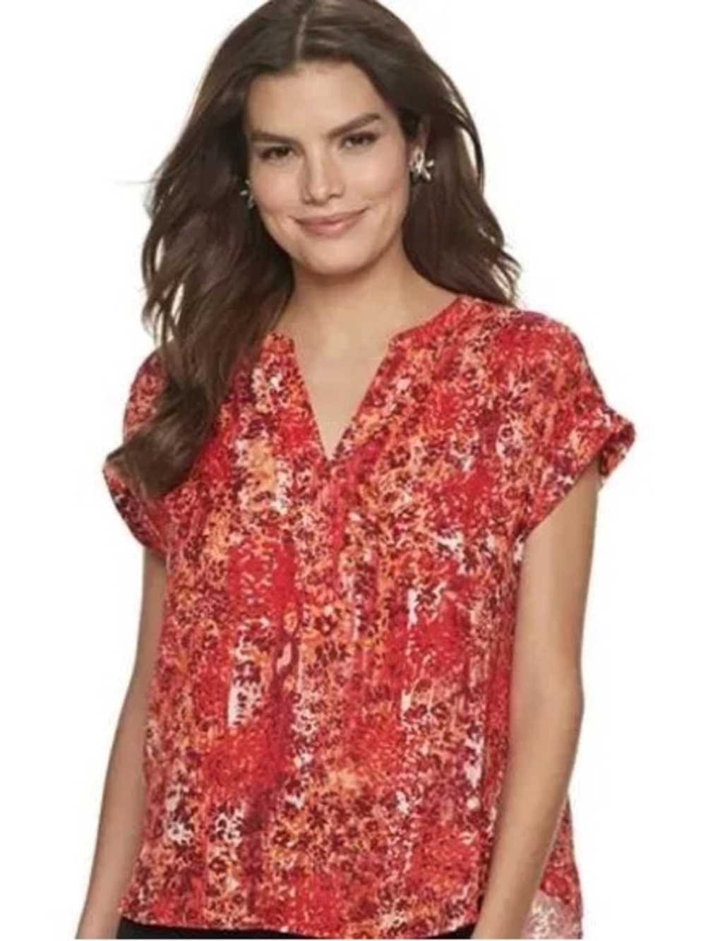 Apt. 9 Red Watercolor Floral Cuffed Sleeve Blouse Sz M 🌺✨